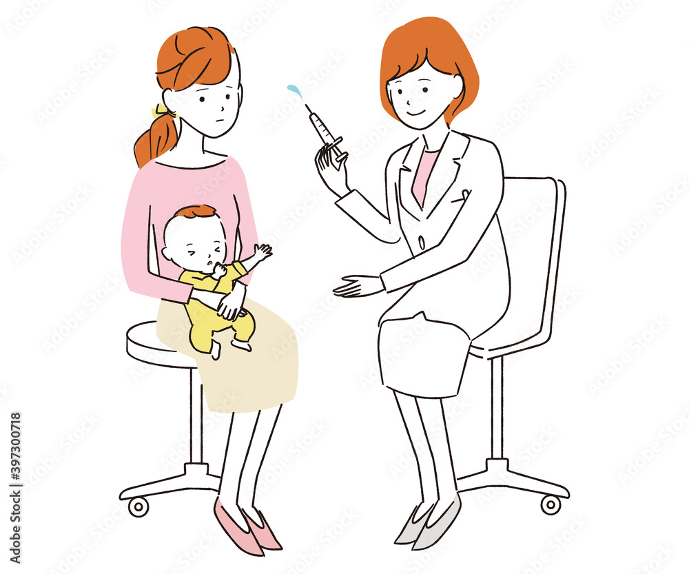 手書き線画カラーイラスト 診察 女医 赤ちゃんの予防接種 手書き線画カラーイラスト 診察 女医 赤ちゃんの予防接種