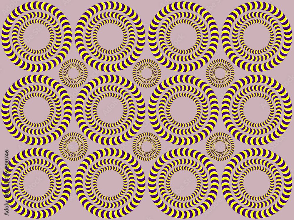 Psychedelic illusion of rotation. Rotation (Optical illusion). Bright background with the optical illusion of rotation of circles