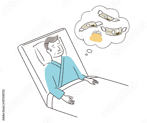 手書き線画カラーイラスト　お金の心配　入院　シニア男性