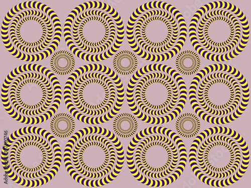 Psychedelic illusion of rotation. Rotation (Optical illusion). Bright background with the optical illusion of rotation of circles