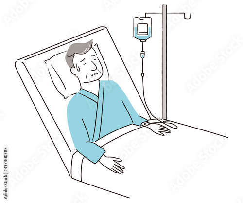 手書き線画カラーイラスト　シニアの男性入院　点滴