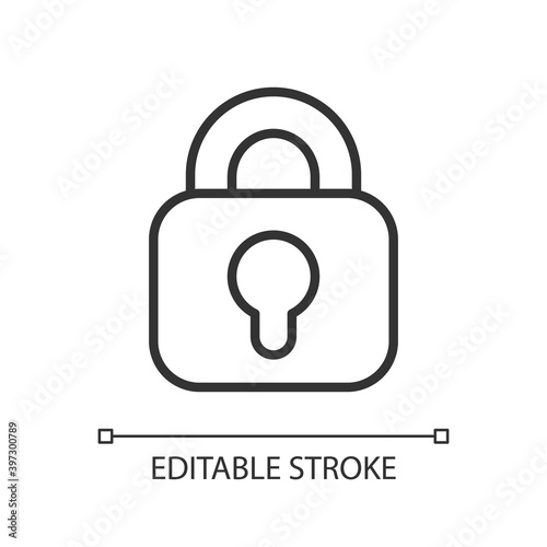 Lock pixel perfect linear icon. Locking different personal information. Image for application. Thin line customizable illustration. Contour symbol. Vector isolated outline drawing. Editable stroke