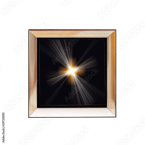 Creative photo frame with abstract blurred image of light or explosion on white background. Blurred image in a photo in a frame