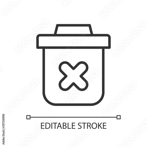 Delete pixel perfect linear icon. Removing lots of data on device. Drag application into trash. Thin line customizable illustration. Contour symbol. Vector isolated outline drawing. Editable stroke
