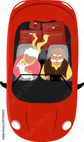 Elderly couple driving a convertible car with their pet and luggage, view from top, EPS 8 vector illustration