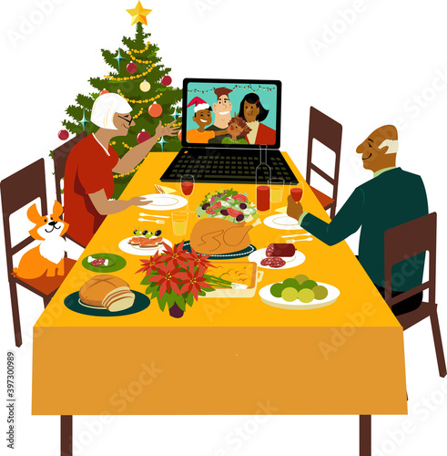 Senior couple celebrating Christmas with their children and grandchildren joining them via video chat, EPS 8 vector illustration