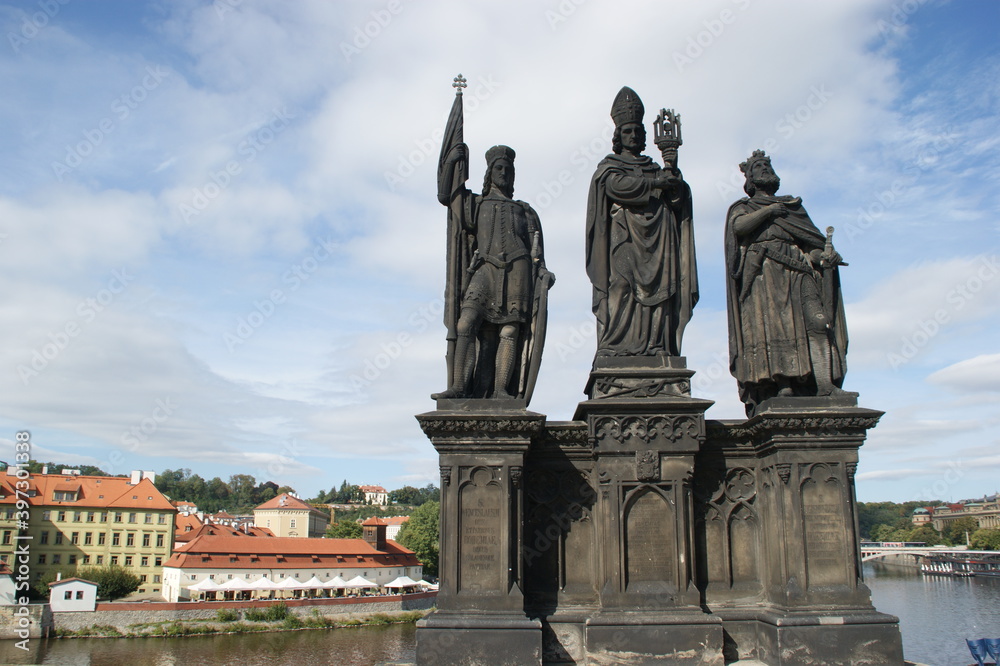 One of the statues of the famous Charles Bridge in Prague