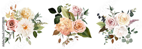 Rust orange and blush pink antique rose, beige and pale flowers, creamy dahlia, peony, ranunculus