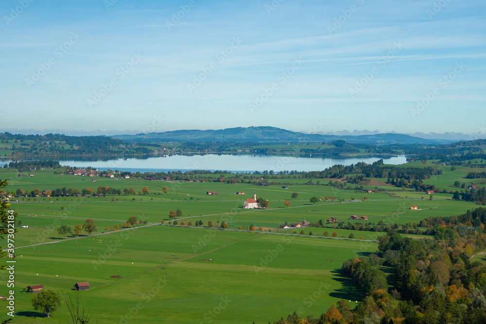 aerial view of meadows with lakes in Bavaria. Fussen.