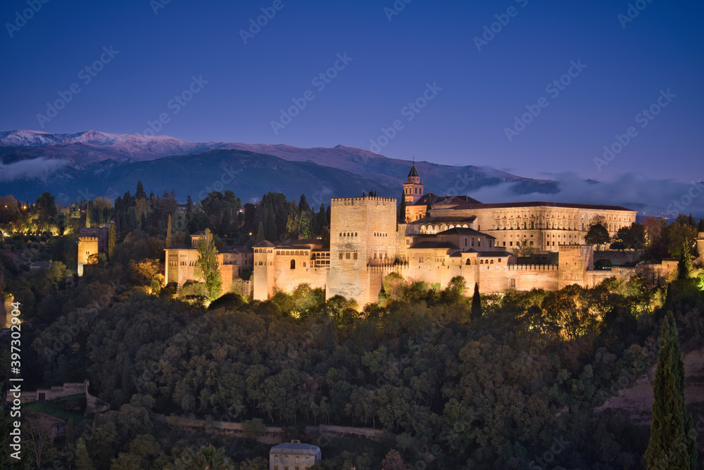 Photo of the palace of Alhambra at the blue hour time