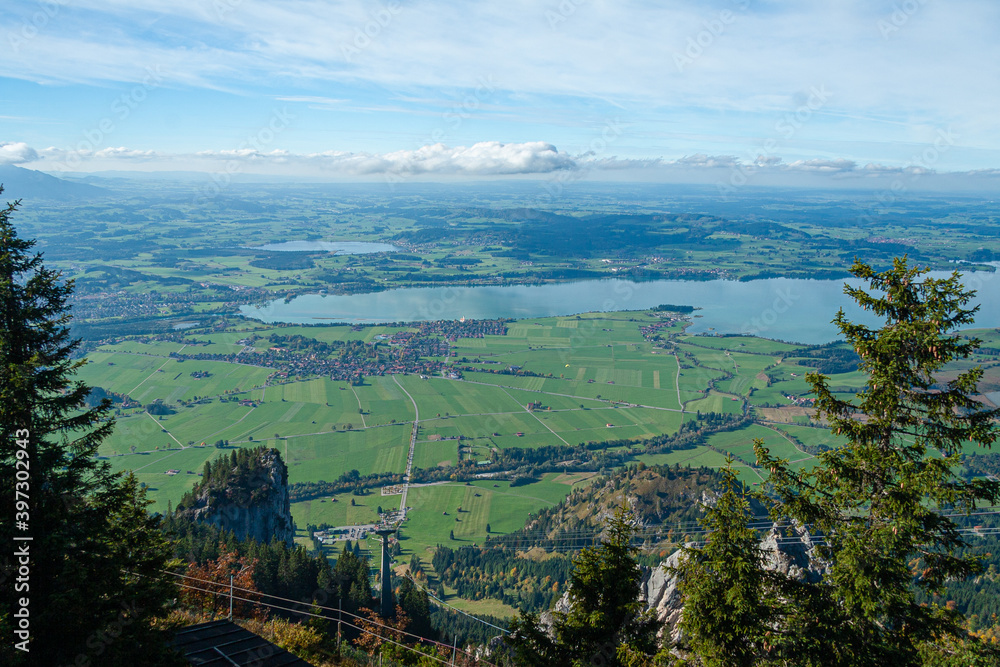 aerial view of meadows with lakes in Bavaria. Fussen.