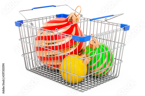 Shopping basket with Christmas balls. Christmas sale and shopping concept. 3D rendering
