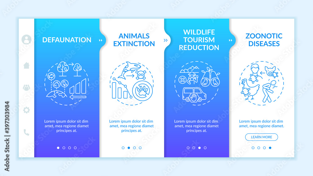 Environmental damage onboarding vector template. Defaunation. Wildlife tourism reduction. Zoonotic disease. Responsive mobile website with icons. Webpage walkthrough step screens. RGB color concept