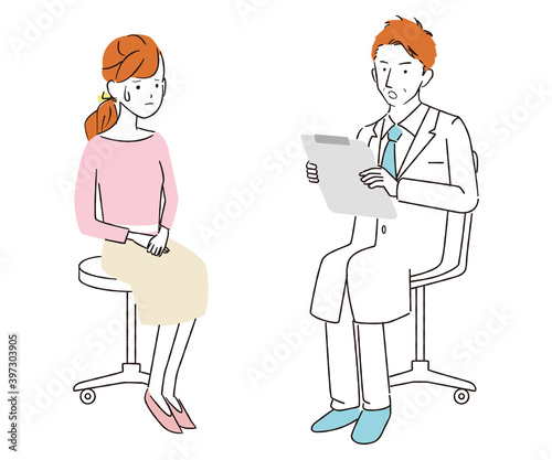 手書き線画カラーイラスト　診察　診療　女性患者　心配