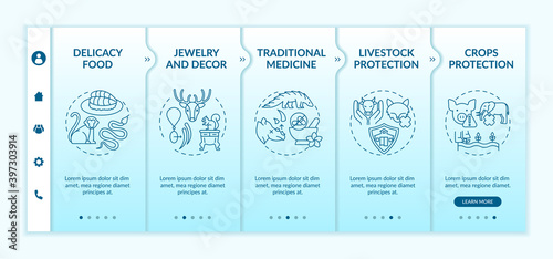 Exotic animal abuse onboarding vector template. Delicacy food. Jewelry and decor. Traditional medicine. Responsive mobile website with icons. Webpage walkthrough step screens. RGB color concept