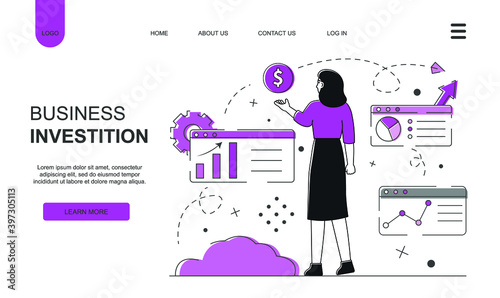 Business investitions concept. Woman and money landing page.
