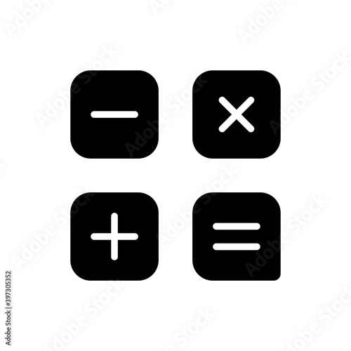 Calculator app black glyph icon. Arithmetic operations. Performing calculations. Addition, subtraction, multiplication and division. Silhouette symbol on white space. Vector isolated illustration