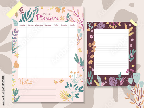 Vector planner of different plants isolated on white. Flowers and leaves collection for creating branding projects, logos, handmade craft items, web pages, magazine illustrations, notebook and book co