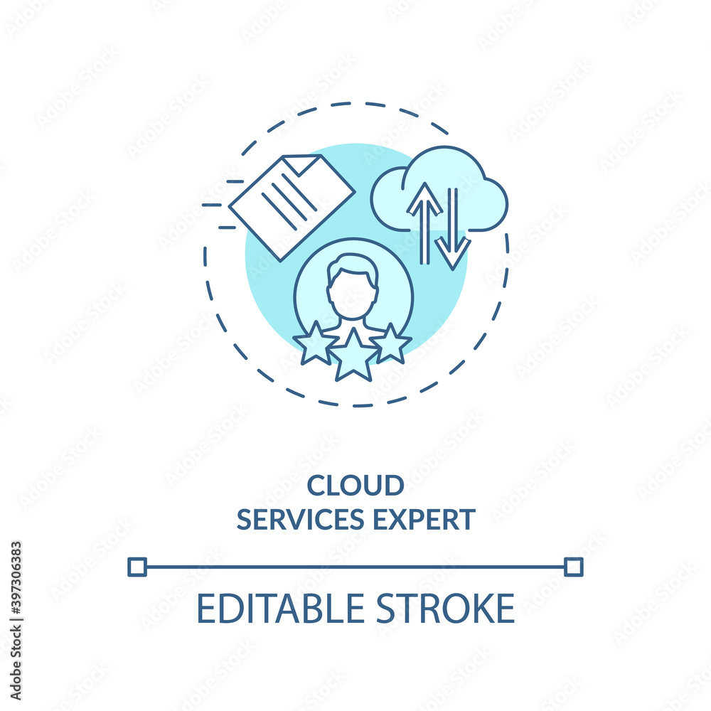 Cloud services expert turquoise concept icon. IT professional. Computing specialist. Virtual assistant skill idea thin line illustration. Vector isolated outline RGB color drawing. Editable stroke Cloud services expert turquoise concept icon. IT professional. Computing specialist. Virtual assistant skill idea thin line illustration. Vector isolated outline RGB color drawing. Editable stroke