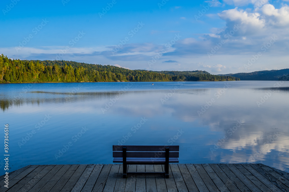 Bench with lake view on La Mauricie National Park (Quebec)