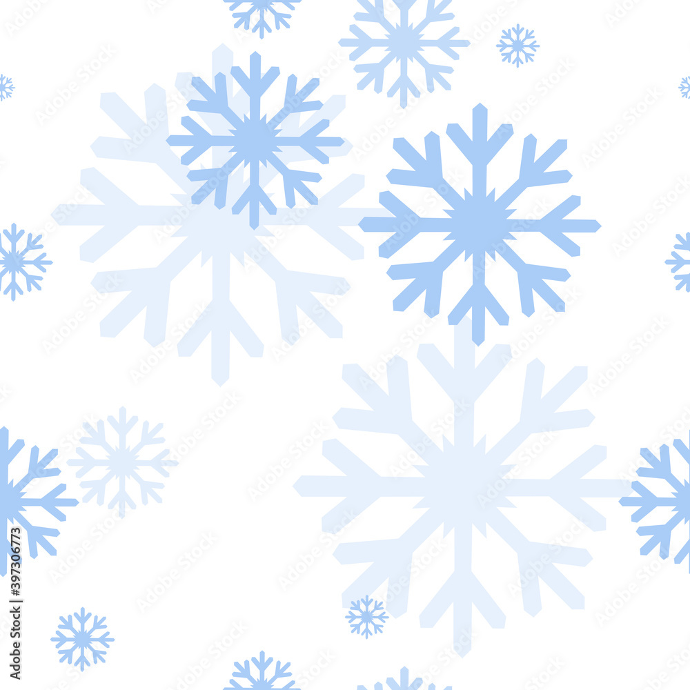 Seamless pattern with various blue snowflakes on a white background for fashion prints, fabrics, wrapping paper, T-shirts, linen. Seamless pattern with various blue snowflakes on a white background for fashion prints, fabrics, wrapping paper, T-shirts, linen.