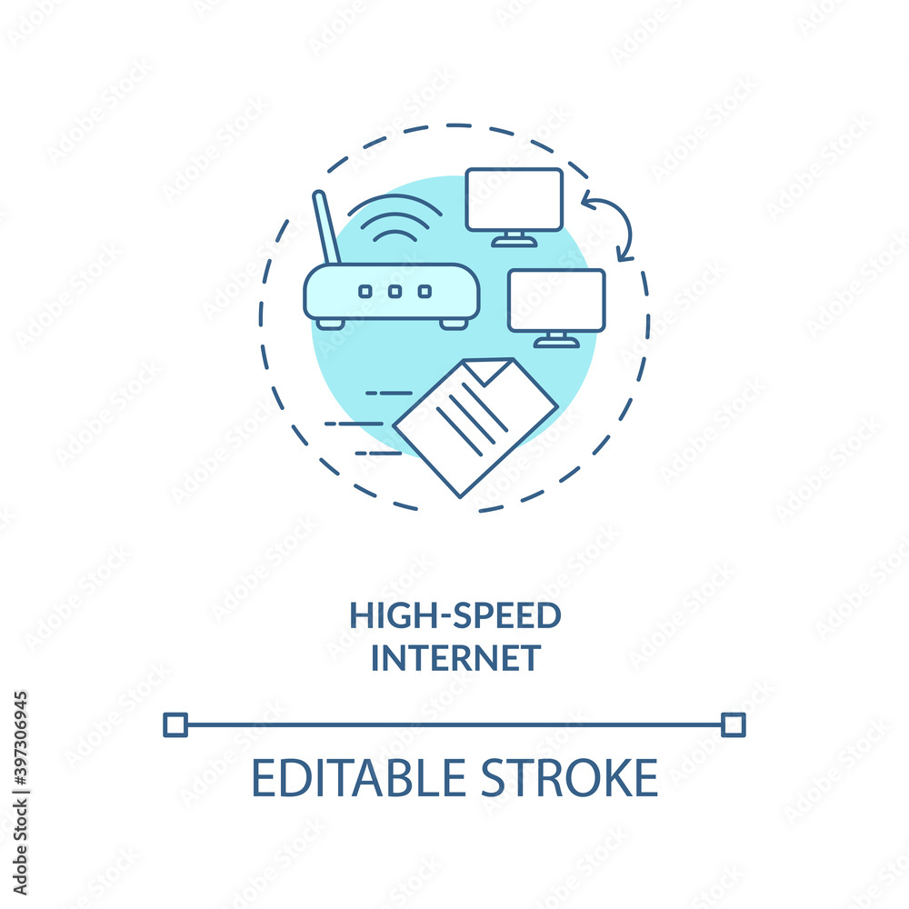 High speed internet turquoise concept icon. Wifi connection velocity. Telecommunication. Network access idea thin line illustration. Vector isolated outline RGB color drawing. Editable stroke High speed internet turquoise concept icon. Wifi connection velocity. Telecommunication. Network access idea thin line illustration. Vector isolated outline RGB color drawing. Editable stroke