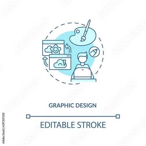 Graphic design turquoise concept icon. Virtual assistant for creative agency. Digital artist. Freelance job idea thin line illustration. Vector isolated outline RGB color drawing. Editable stroke