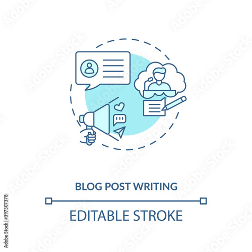 Blog post writing turquoise concept icon. Online content. Copywriting author. Freelance position. Remote work idea thin line illustration. Vector isolated outline RGB color drawing. Editable stroke