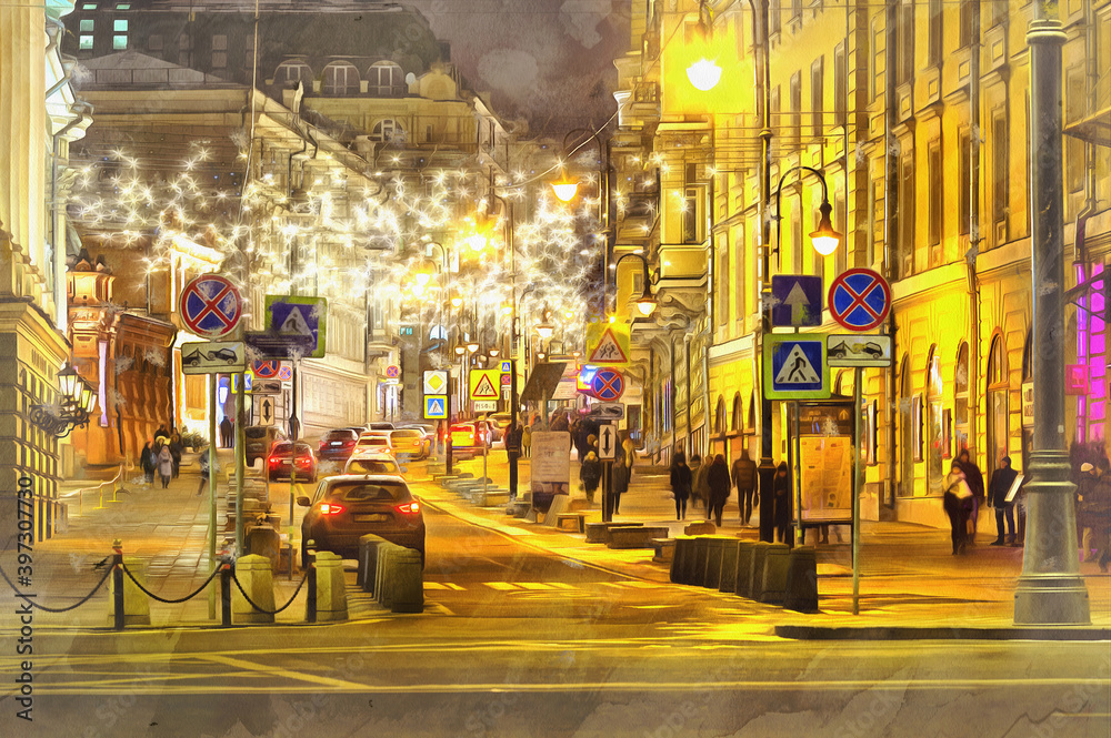 Naklejka premium The city beautiful christmas street illumination on New Year holidays colorful painting