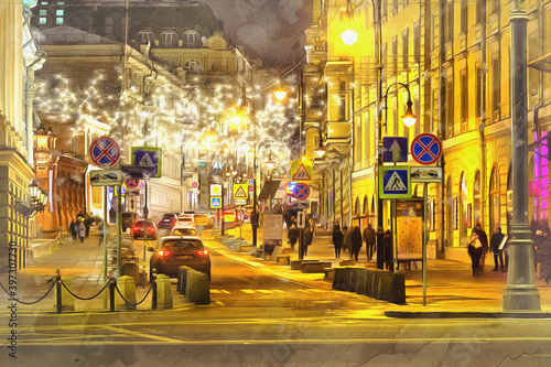 The city beautiful christmas street illumination on New Year holidays colorful painting