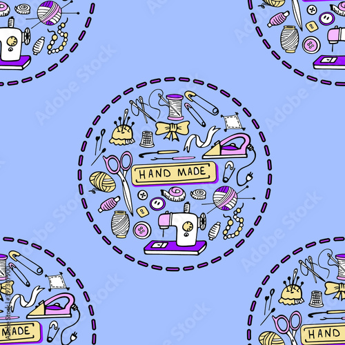 Beautiful seamless pattern with tools for needlework. Vector illustration.