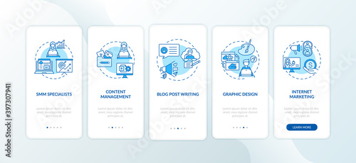Online freelance work blue onboarding mobile app page screen with concept. Content manager, internet marketing walkthrough 5 steps graphic instructions. UI vector template with RGB color illustrations