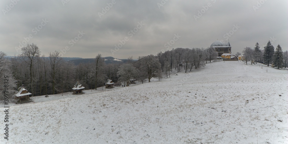 Hostyn. Jurkovic path crosses and basilica in winter. Christmas. Czechia. Europe. Hostyn. Jurkovic path crosses and basilica in winter. Christmas. Czechia. Europe.