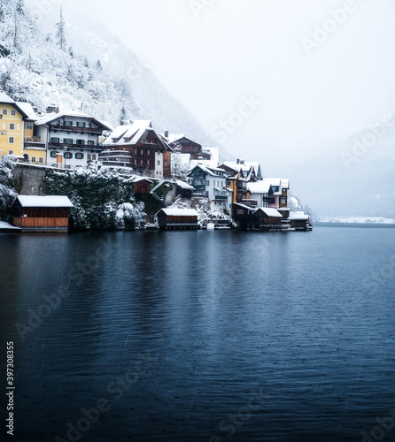 Hallstat village in Austria. Beautiful village in mountain valley near lake. Mountains landscape and old town. Travel Austria
