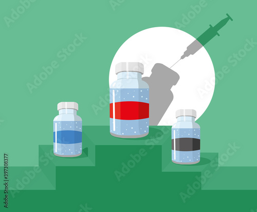 Pharmaceutical companies or countries that come out of the podium. Vaccination concept. Infectious disease. Injection syringe needles. Healthcare, hospital and medical diagnosis.  Vector in modern.