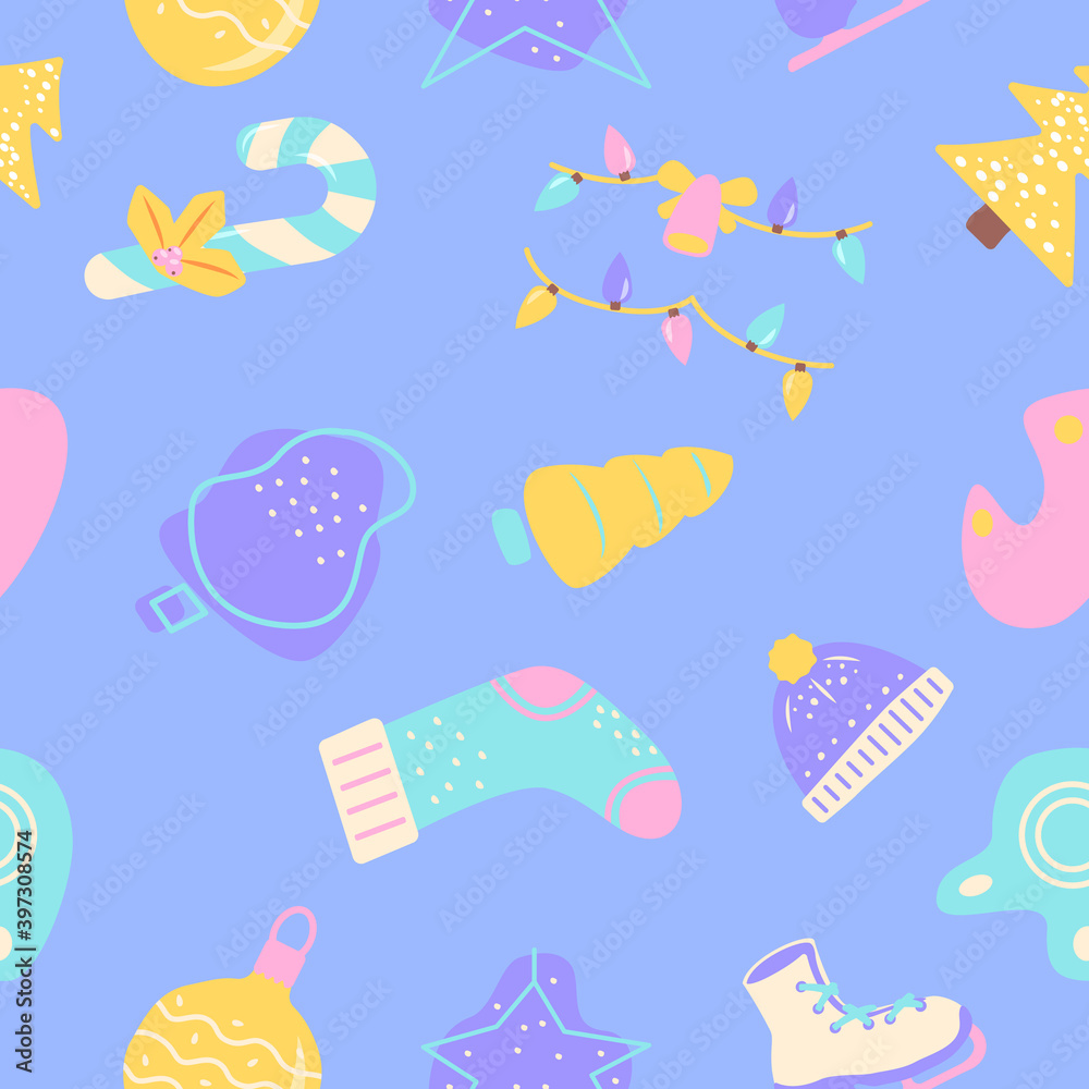 Winter season abstract seamless pattern. Merry Christmas. Xmas wreath. Geometric flat vector shapes. Wintertime texture with cartoon color icons. Decorative boho design with graphic elements Winter season abstract seamless pattern. Merry Christmas. Xmas wreath. Geometric flat vector shapes. Wintertime texture with cartoon color icons. Decorative boho design with graphic elements