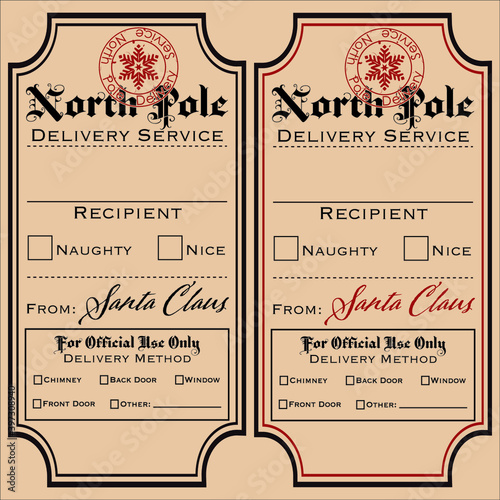 Obraz na płótnie Set of vector labels, Santa gift tags, Special Delivery, North Pole