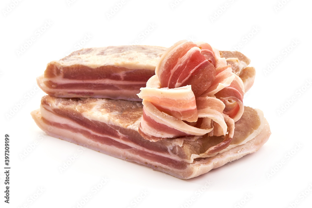 Sliced pork bacon, isolated on white background Sliced pork bacon, isolated on white background