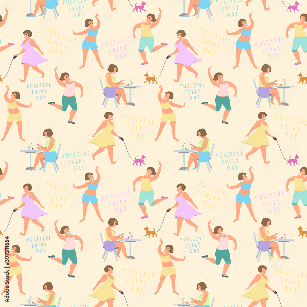 Positive women play sports, lead an active lifestyle and enjoy. Seamless pattern.