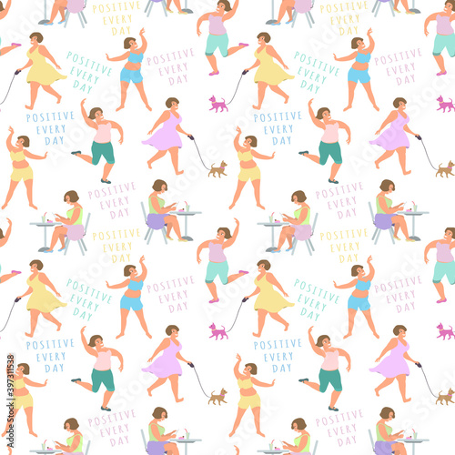Positive women play sports, lead an active lifestyle and enjoy. Seamless pattern. © lantica