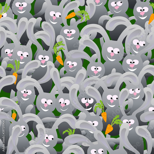 A lot of cute smiling rabbits. Seamless pattern with dancing animals.