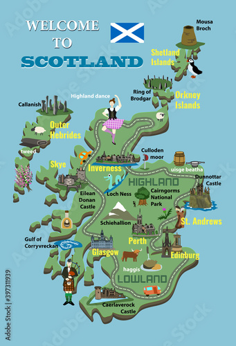 Cartoon map of Scotland. Icons with Scottish landmarks, famous cultural sites, whiskey. Highland dancer and bagpiper. Castles, National Park, Loch Ness and more.