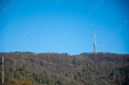 Zagreb, Croatia - October 19, 2014: Tall transmitter tower on the mountain of Sljeme in Zagreb, Croatia