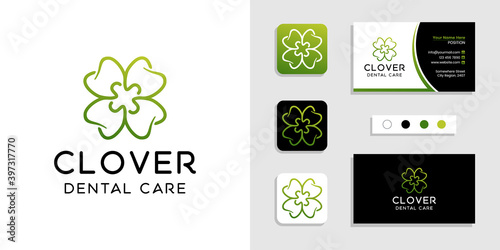 Clover dental logo concept linear style and business card design template