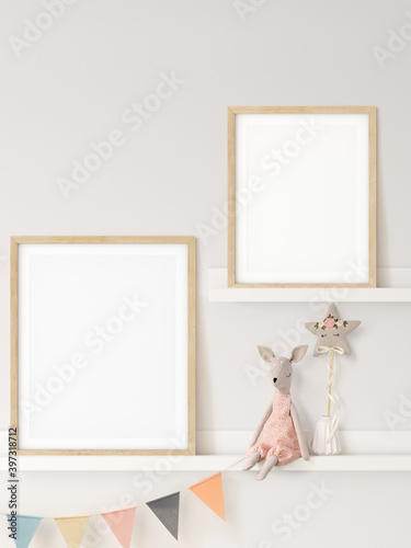 Frame mockup in child room interior. Nursery Interior in scandinavian style. 3d rendering, 3d illustration	
