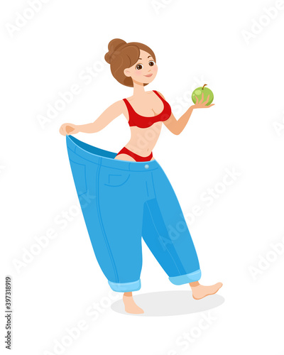 a slender cheerful girl in a bikini holds wide pants jeans and an apple in her hands, losing weight thanks to a diet, exercise and a healthy lifestyle, before and after, isolated on white, eps 10