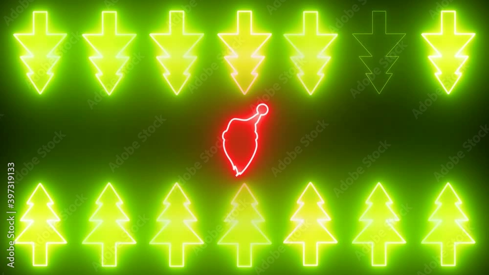 Albero di Natale, luce verde al neon con simbolo di Babbo Natale che passa al centro.