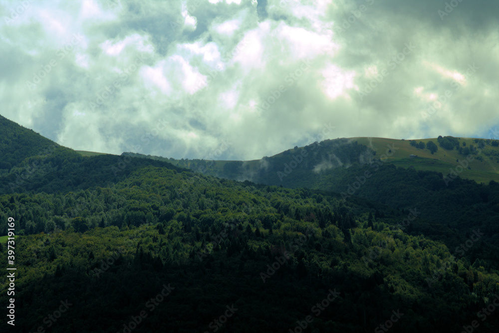 clouds over the mountains,forest,landscape, sky, nature,hill, panorama,green, view,summer, valley, trees,