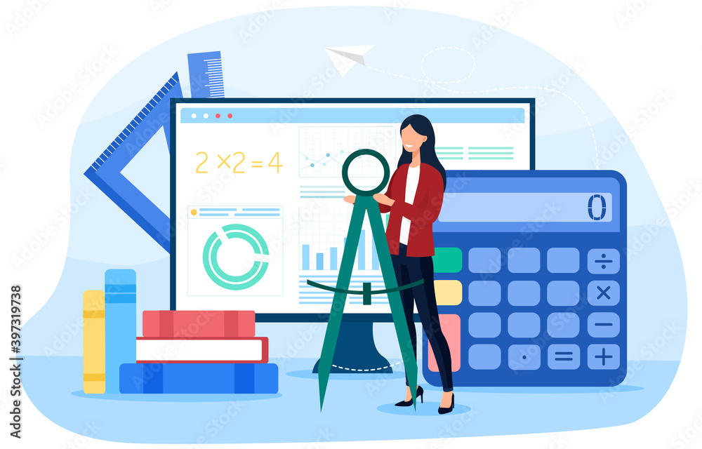 Math school online service or platform. Learning mathematics, education and knowledge abstract concept. Online math solver. Cartoon flat vector illustration with fictional character