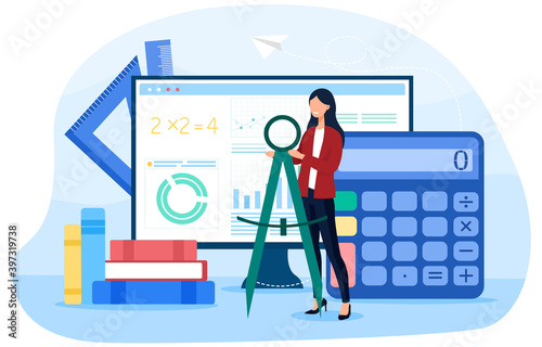 Math school online service or platform. Learning mathematics, education and knowledge abstract concept. Online math solver. Cartoon flat vector illustration with fictional character